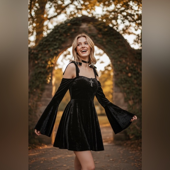 Dolls Kill Dresses & Skirts - NWT Dolls Kill Widow Nocturnal Elegance Mini Dress in Black Velvet Silver Cross